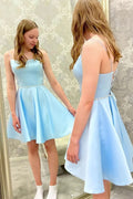 Light Blue Satin Homecoming Dresses, Beaded Short Party Dresses