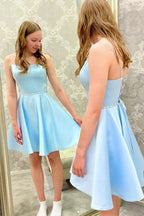 Light Blue Satin Homecoming Dresses, Beaded Short Party Dresses