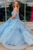 Light Blue Tulle Off-the-Shoulder Tiered A-Line Prom Evening Dress