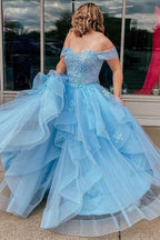 Light Blue Tulle Off-the-Shoulder Tiered A-Line Prom Evening Dress