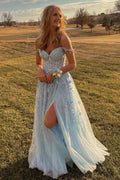 Light Blue Tulle Off Shoulder Long Prom Dresses With Lace Appliques