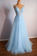 Light Blue V Neck Lace-Up Appliques Tulle Long Prom Dress Evening Dress