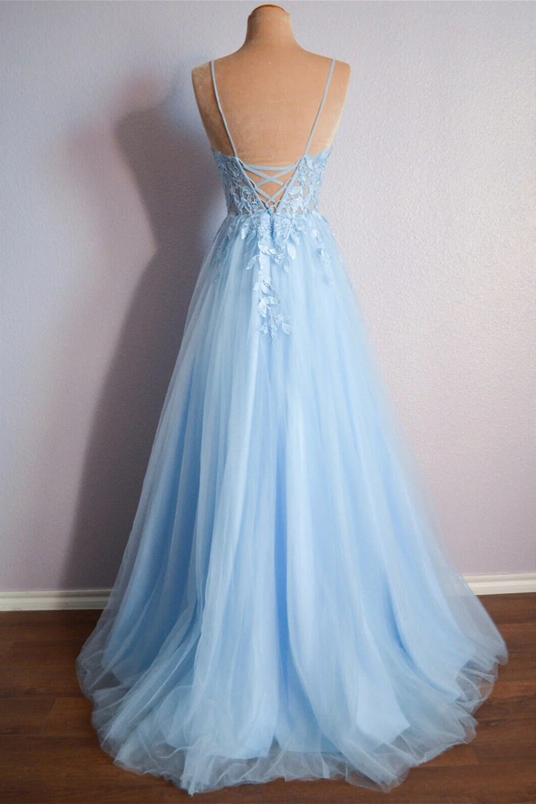 Light Blue V Neck Lace-Up Appliques Tulle Long Prom Dress Evening Dress