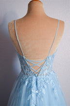 Light Blue V Neck Lace-Up Appliques Tulle Long Prom Dress Evening Dress