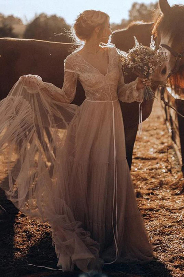 Light Brown Long Sleeve Boho Wedding Dress Rustic Wedding Dress