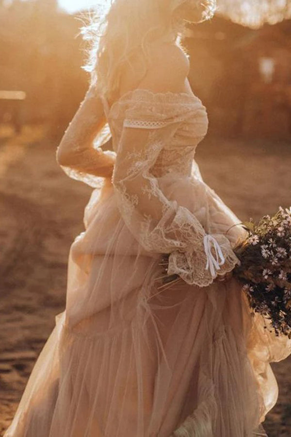 Light Brown Long Sleeve Boho Wedding Dress Rustic Wedding Dress