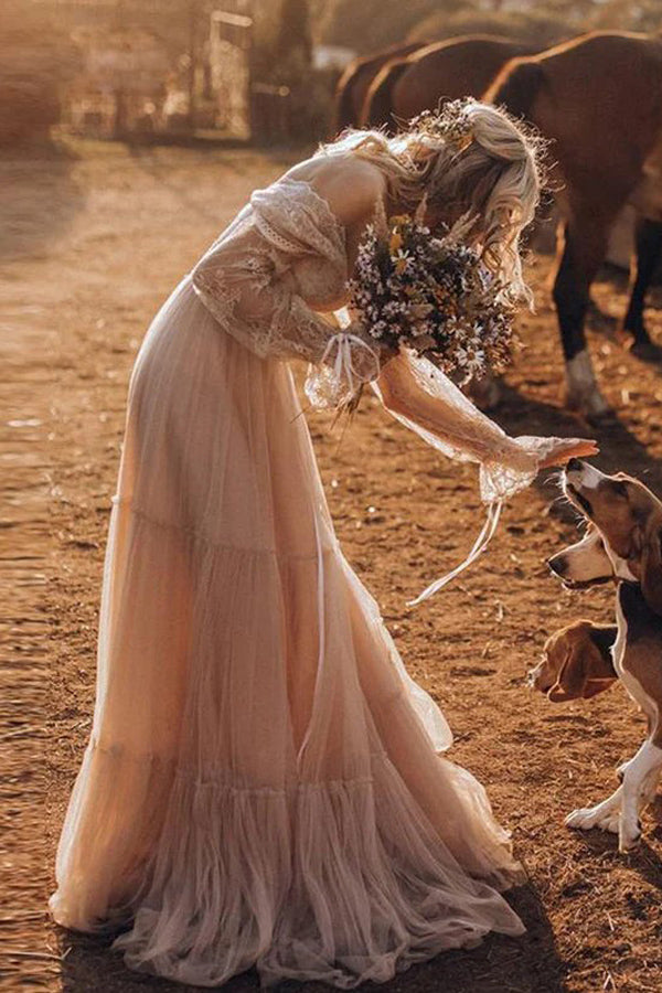 Light Brown Long Sleeve Boho Wedding Dress Rustic Wedding Dress