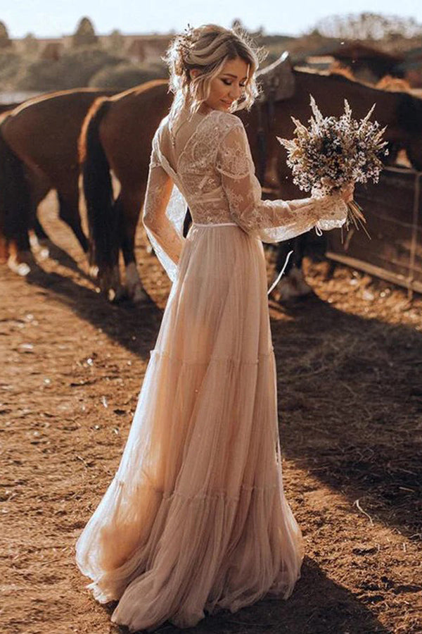Light Brown Long Sleeve Boho Wedding Dress Rustic Wedding Dress