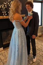 Light Blue Tulle Off Shoulder Long Prom Dresses With Lace Appliques
