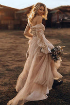 Light Brown Long Sleeve Boho Wedding Dress Rustic Wedding Dress