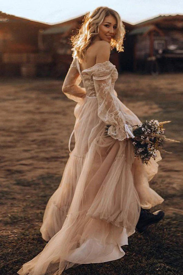 Light Brown Long Sleeve Boho Wedding Dress Rustic Wedding Dress