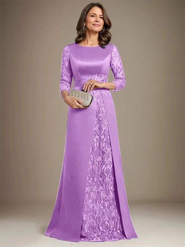 A-Line Scoop Floor-Length Lace Satin Mother Of the Bride Dress With Applique by Dreamylily