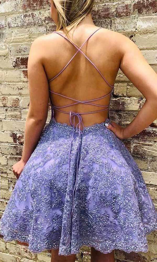 Lilac Lace Beaded A-line Spaghetti Straps Short Homecoming Dresses