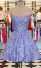 Lilac Lace Beaded A-line Spaghetti Straps Short Homecoming Dresses