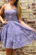 Lilac Lace Beaded A-line Spaghetti Straps Short Homecoming Dresses