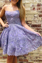 Lilac Lace Beaded A-line Spaghetti Straps Short Homecoming Dresses