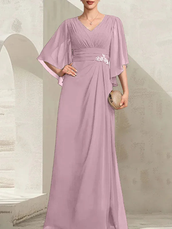 Sheath/Column V-Neck Floor-Length Chiffon Mother of the Bride Dress With Pleated Sequins Beading