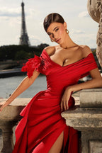 Long Mermaid Off The Shoulder Satin Evening Prom Dresses with Slit