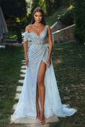 Long Mermaid One Shoulder Tulle Sequined Formal Prom Dress with Slit