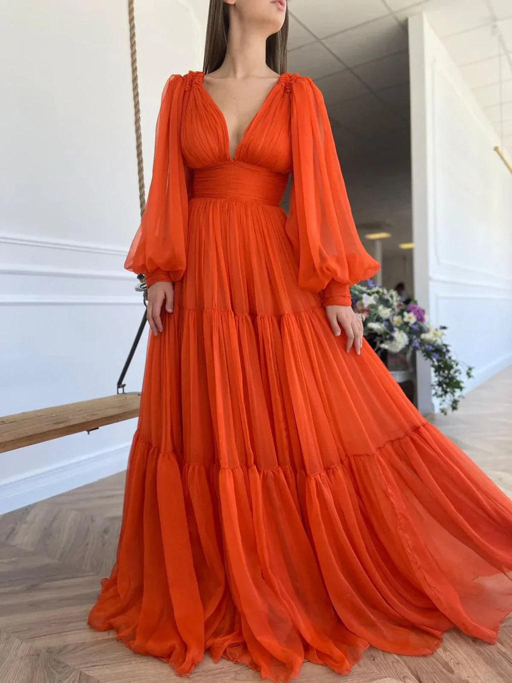 Long Prom Dress Puffy Sleeve Formal Gowns SYP25