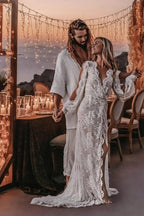 Long Sleeve V-neck Lace Appliques Boho Wedding Dress