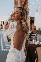 Long Sleeve V-neck Lace Appliques Boho Wedding Dress