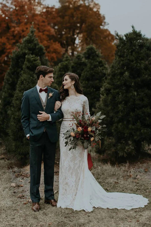 Long Sleeve Vintage Wedding Dress Backless Rustic Bridal Gown