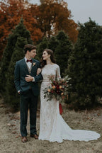 Long Sleeve Vintage Wedding Dress Backless Rustic Bridal Gown