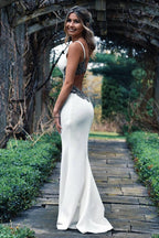 Long Spaghetti Straps Mermaid White Wedding Dress with Beading