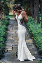 Long Spaghetti Straps Mermaid White Wedding Dress with Beading