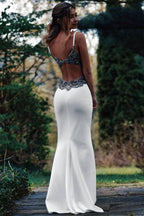 Long Spaghetti Straps Mermaid White Wedding Dress with Beading