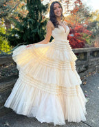 Tulle Formal Gown Layered Prom Dress with Sweep Train SYP156