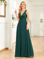 Elegant Sequrin Evening Dress 2025 Women Chiffon Long Formal Deep V-neck Green Caicktail Wedding Party Prom Dresses