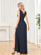 Elegant Shining V-neck Formal Evening Dress 2025 Women Sexy Slit Maxi Dress Blue Wedding Party Cocktail Prom Dresses