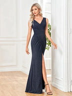 Elegant Shining V-neck Formal Evening Dress 2025 Women Sexy Slit Maxi Dress Blue Wedding Party Cocktail Prom Dresses