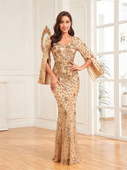 Luxury Champagne Evening Dresses For Women 2025 Long Sleeve Mermaid Formal Sequins V-neck Prom Wedding Party Gowns