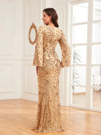 Luxury Champagne Evening Dresses For Women 2025 Long Sleeve Mermaid Formal Sequins V-neck Prom Wedding Party Gowns