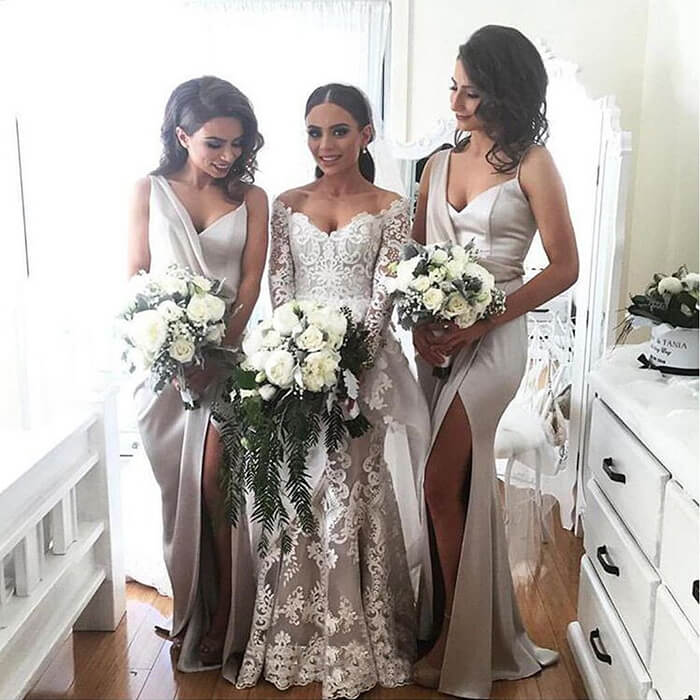 New Arrival Soft Satin Special Long Bridesmaid Dresses with Side Slit