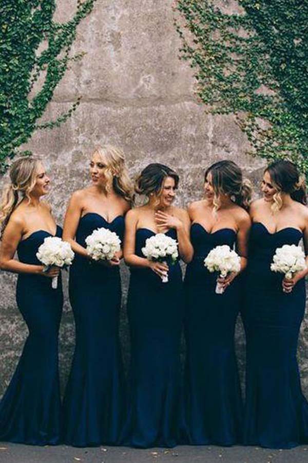 Elegant Sweetheart Navy Mermaid Long Bridesmaid Dresses