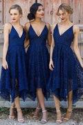 Navy V-neck Short Lace A-line Bridesmaid Dresses Online
