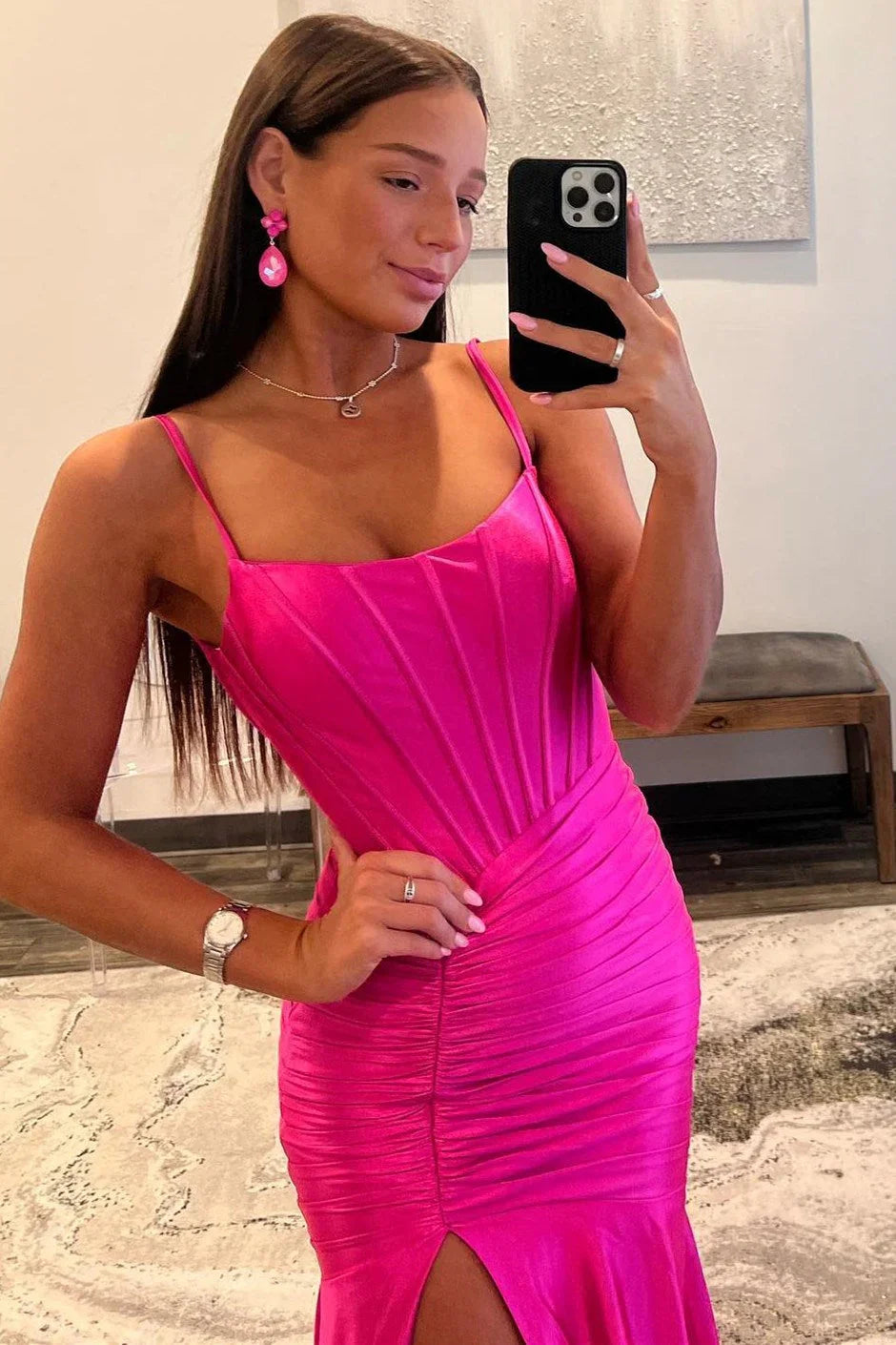 Sunnderly Addilynn| Mermaid Scoop Neck Satin Prom Dress with Slit