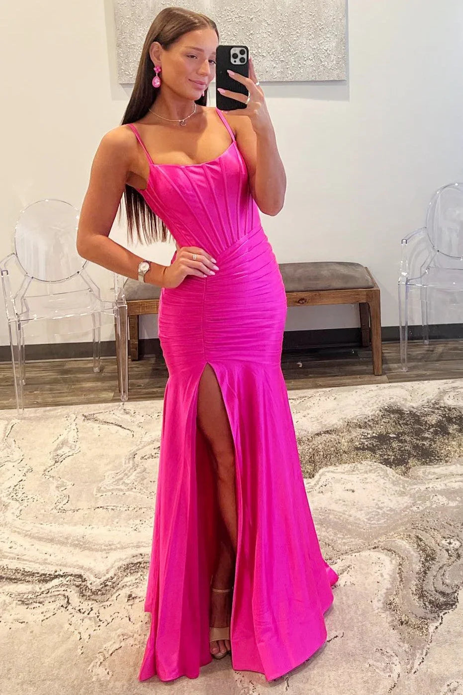 Sunnderly Addilynn| Mermaid Scoop Neck Satin Prom Dress with Slit