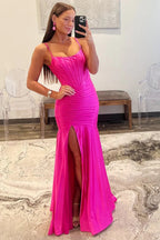 Sunnderly Addilynn| Mermaid Scoop Neck Satin Prom Dress with Slit