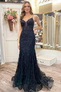 Appliques Plunge V Lace-Up Trumpet Prom Gown