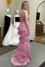 Glitter Appliques Lace-Up Ruffle Tiered Long Dress with Slit