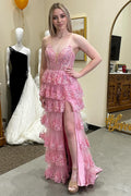 Glitter Appliques Lace-Up Ruffle Tiered Long Dress with Slit