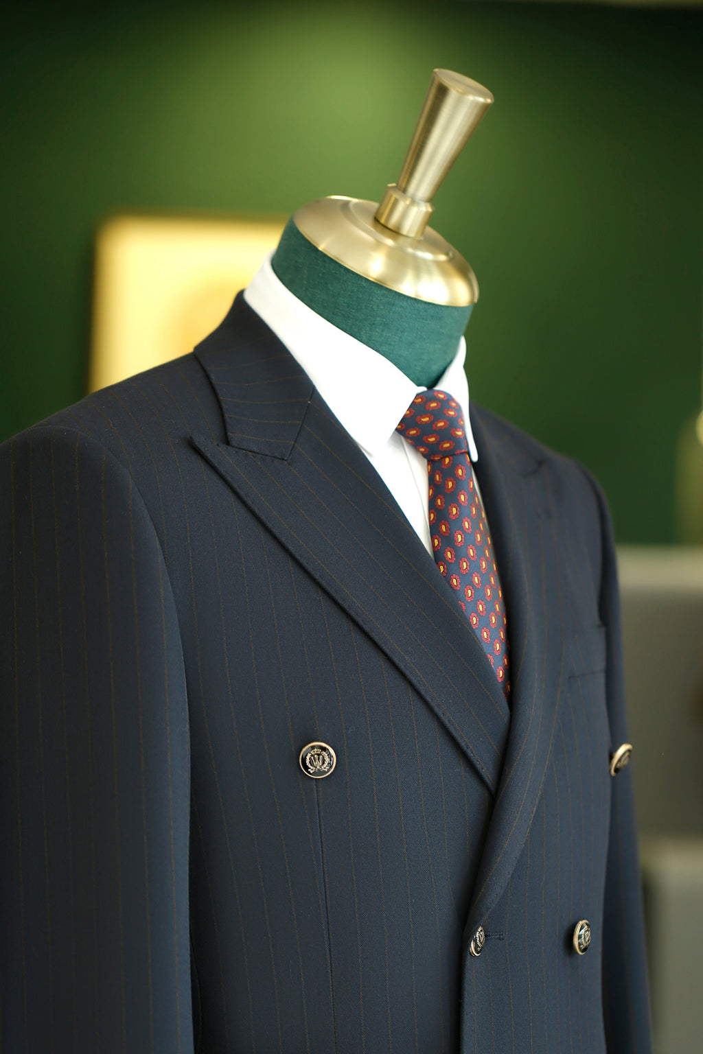 Navy Pinstripe Wool Double Breasted Suit Tailored For Formal Groom And Business