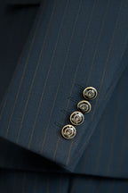 Navy Pinstripe Wool Double Breasted Suit Tailored For Formal Groom And Business