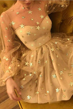 Unique Long Sleeve Short Sheer Neck Stars Mini Homecoming Dress