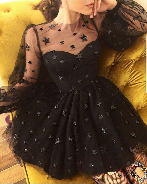 Unique Long Sleeve Short Sheer Neck Stars Mini Homecoming Dress